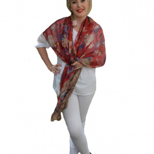 Esarfa rosie cu imprimeu de flori multicolore, material matasos - Img 1