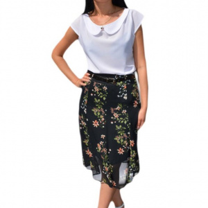 Fuste lejere, midi, nuanta de negru, cu imprimeu floral multicolor - Img 1