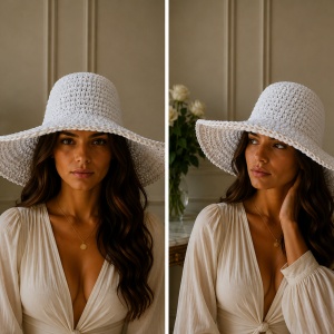 Pălărie de Damă Alb-crem cu Boruri Largi și Detalii Elegante – Accesoriu Chic pentru Vară, - Img 2
