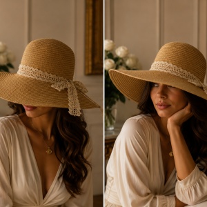 Pălărie de Damă Bej -Crem cu Boruri Largi și Detalii Elegante din Dantela
