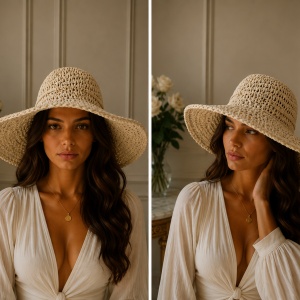 Pălărie de Damă Bej-Deschis cu Boruri Largi și Detalii Elegante – Accesoriu Chic pentru Vară, - Img 2