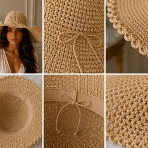 Pălărie de Damă Bej-Maro cu Boruri Largi și Detalii Elegante – Accesoriu Chic pentru Vară, - Img 3
