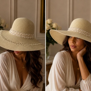 Pălărie de Damă Crem Deschis cu Boruri Largi și Detalii Elegante – Accesoriu Chic din Dantela