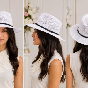 Palarie trilby din material subtire cu aerisire buna, alb, bej, crem - Img 3