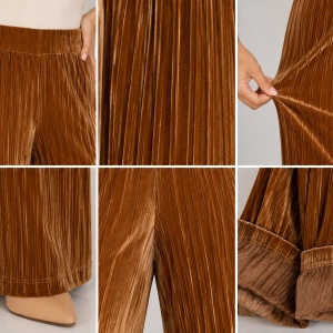 Pantaloni damă din catifea plisată, maro caramel – croi drept, talie elastică - Img 3