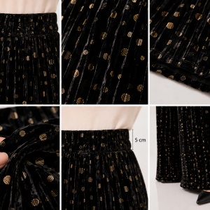Pantaloni damă din catifea plisată neagră cu buline aurii – croi larg elegant - Img 3