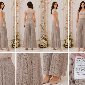 Pantaloni damă din dantelă taupe – talie înaltă, croială largă - Img 2