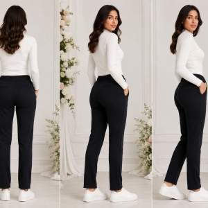 Pantaloni Damă Negri Elastici cu Detalii din Piele Ecologică, Talie Elastică și Șnur - Img 2
