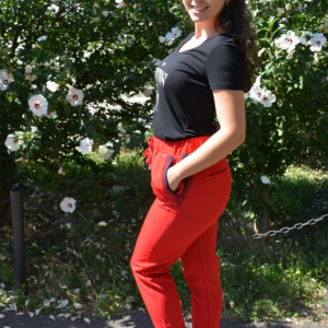 Pantaloni lejeri lungi,model cu strasuri la buzunar,nuanta de rosu - Img 4