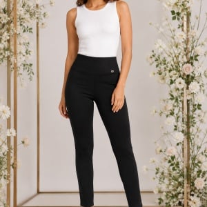 Pantaloni tip colant damă, negri, talie înaltă, elastici, detaliu decorativ