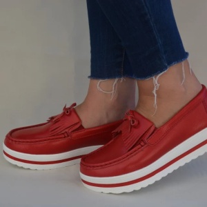 Pantof casual cu aspect mocasin, culoare rosie, din piele moale - Img 3
