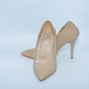 Pantof elegant cu toc inalt, tip stiletto, de culoare bej cu model - Img 4
