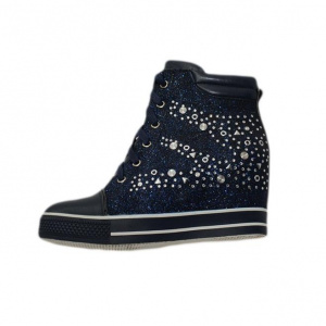 Pantof modern tip sport, culoare bleumarin cu design de strasuri - Img 1