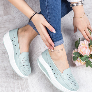 Pantofi casual damă turcoaz din piele naturală cu perforații și talpă ortopedică - Img 4