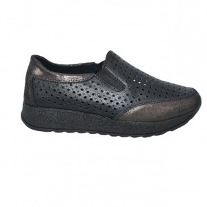 Pantofi sport damă negri din piele naturală cu perforații și talpă groasă