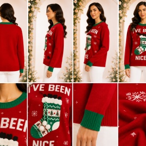 Pulover Damă de Crăciun „I’ve Been Nice” cu Ciorap Decorativ – Roșu & Verde - Img 2