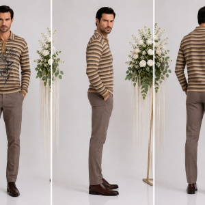 Pulover trendy, nuanta de maro-bej, cu design dungat chic - Img 2