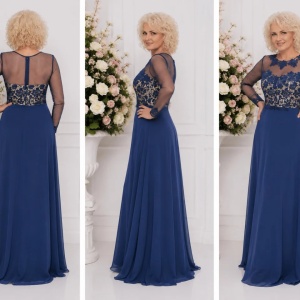 Rochie albastra de seara, model lung cu broderie florala cu strasuri - Img 2