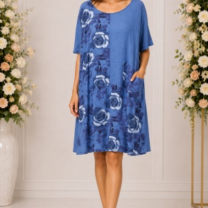 Rochie albastră din bumbac cu imprimeu floral și buzunar aplicat