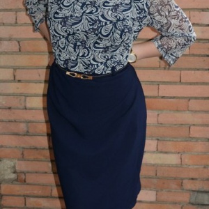 Rochie casual, bleumarin cu imprimeu alb si curea ingusta in talie - Img 6