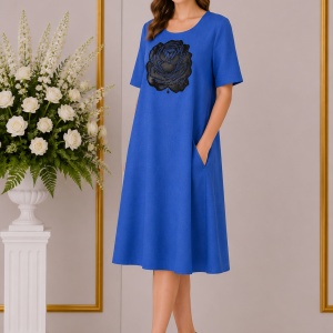 Rochie casual de culoare albastra, model evazat cu buzunare