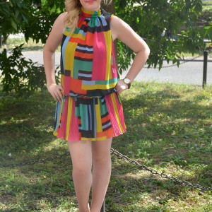 Rochie casual, feminina din voal fronsat, multicolor - Img 2