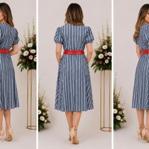 Rochie casual, in nuanta de bleumarin, cu dungi fine albe - Img 2