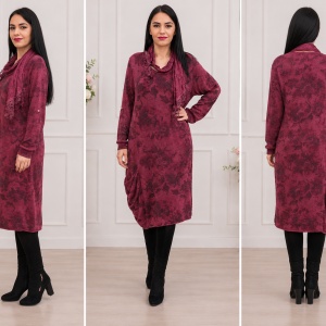 Rochie chic din material tricotat cu imprimeu pe fond marsala - Img 3