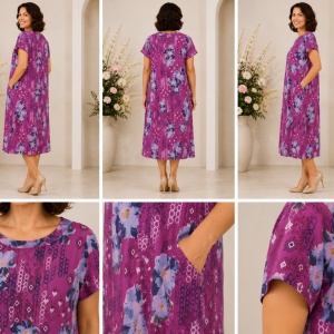 Rochie Ciclam cu Imprimeu Floral – Bumbac 95%, Croială Lejeră și Buzunare - Img 2