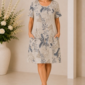 Rochie Crem Botanical cu Imprimeu Exotic și Buzunare Laterale