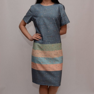 Rochie cu buline si dungi multicolore, maneca scurta, decolteu mic - Img 6