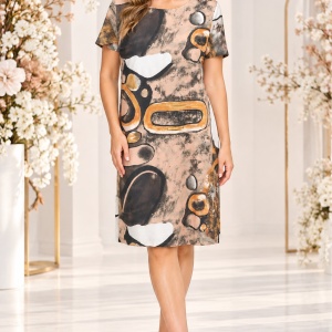 Rochie damă cu imprimeu abstract bej-maro, mânecă scurtă