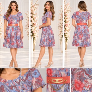 Rochie damă cu imprimeu floral-paisley, curea în talie - Img 2