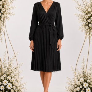 Rochie Damă Elegantă cu Decolteu în V și Cordon in talie , nuanta de negru