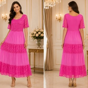 Rochie damă lejeră fuxia cu dantela și croială vaporoasă - Img 3