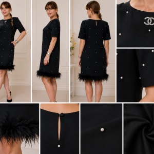 Rochie damă neagră cu perle decorative și pene la tiv - Img 4