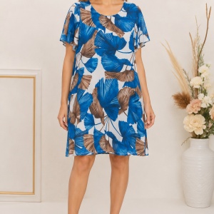 Rochie de damă cu imprimeu floral abstract albastru și maro – croială lejeră