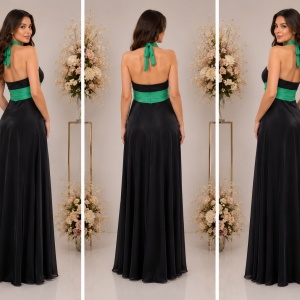 Rochie de gala aparte, lungime maxi, model negru combinat cu verde - Img 3