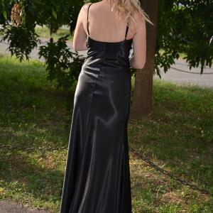 Rochie de gala, design elegant, combinatie de saten negru cu alb - Img 4