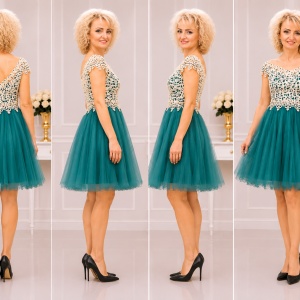 Rochie de gala din tul verde si dantela aurie cu perle aplicate - Img 2