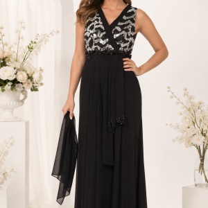 Rochie de gala lunga, cu insertii de paiete argintii, pe fond negru