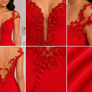 Rochie de gala tip sirena, culoare rosie, cu insertie de tul nud - Img 3