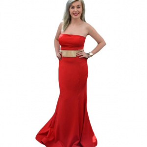 Rochie de gala tip sirena, de culoare rosie cu detaliu auriu - Img 1