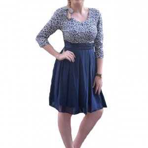 Rochie de ocazie, bleumarin-alb cu fir auriu si voal - Img 1