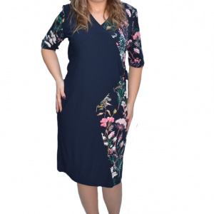 Rochie de ocazie Ingrida cu imprimeu floral in lateral ,bleumarin - Img 1
