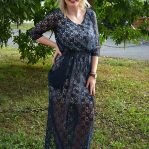 Rochie de ocazie lunga, cu captuseala scurta si dantela bleumarin - Img 4