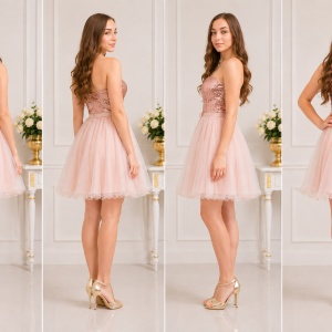 Rochie de ocazie, scurta, de culoare plamanie cu paiete marunte - Img 3