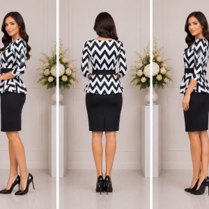 Rochie de ocazie tip costum cu elastic si peplum in talie, negru-alb - Img 3