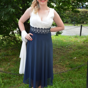 Rochie de seara, de lungime medie, bleumarin cu alb - Img 2