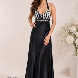 Rochie de seara, deosebita, din saten fin, nuante de negru cu alb
